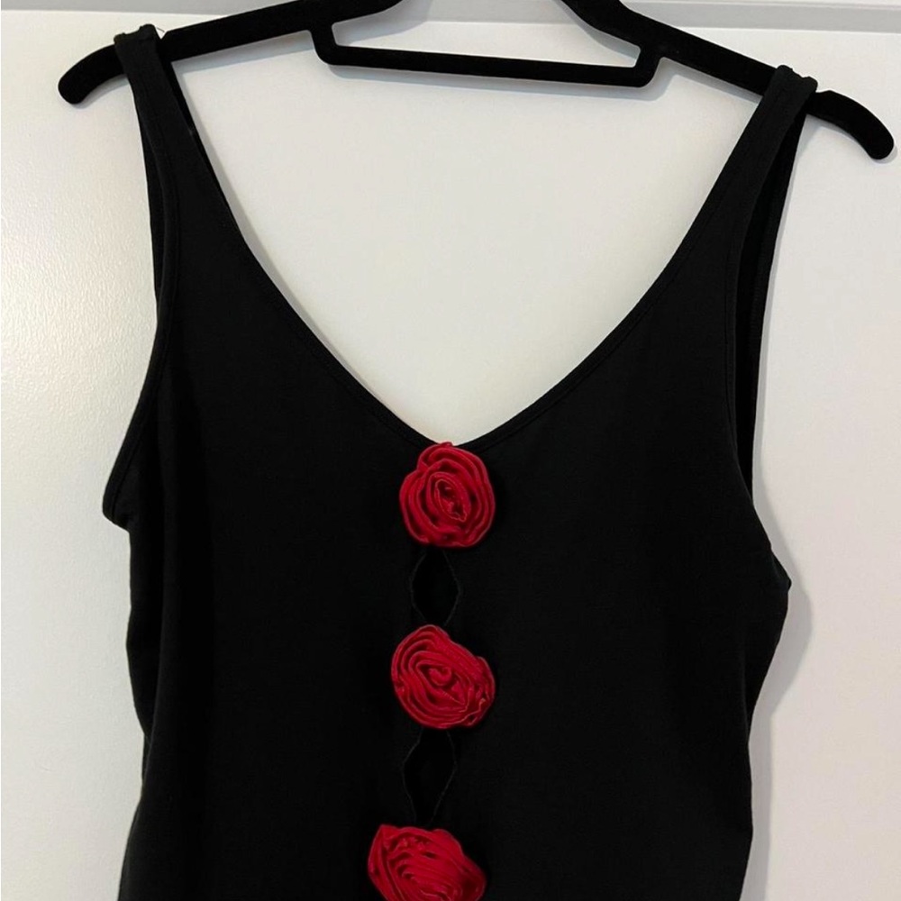 Black Reformation Top with Red Floral Accents